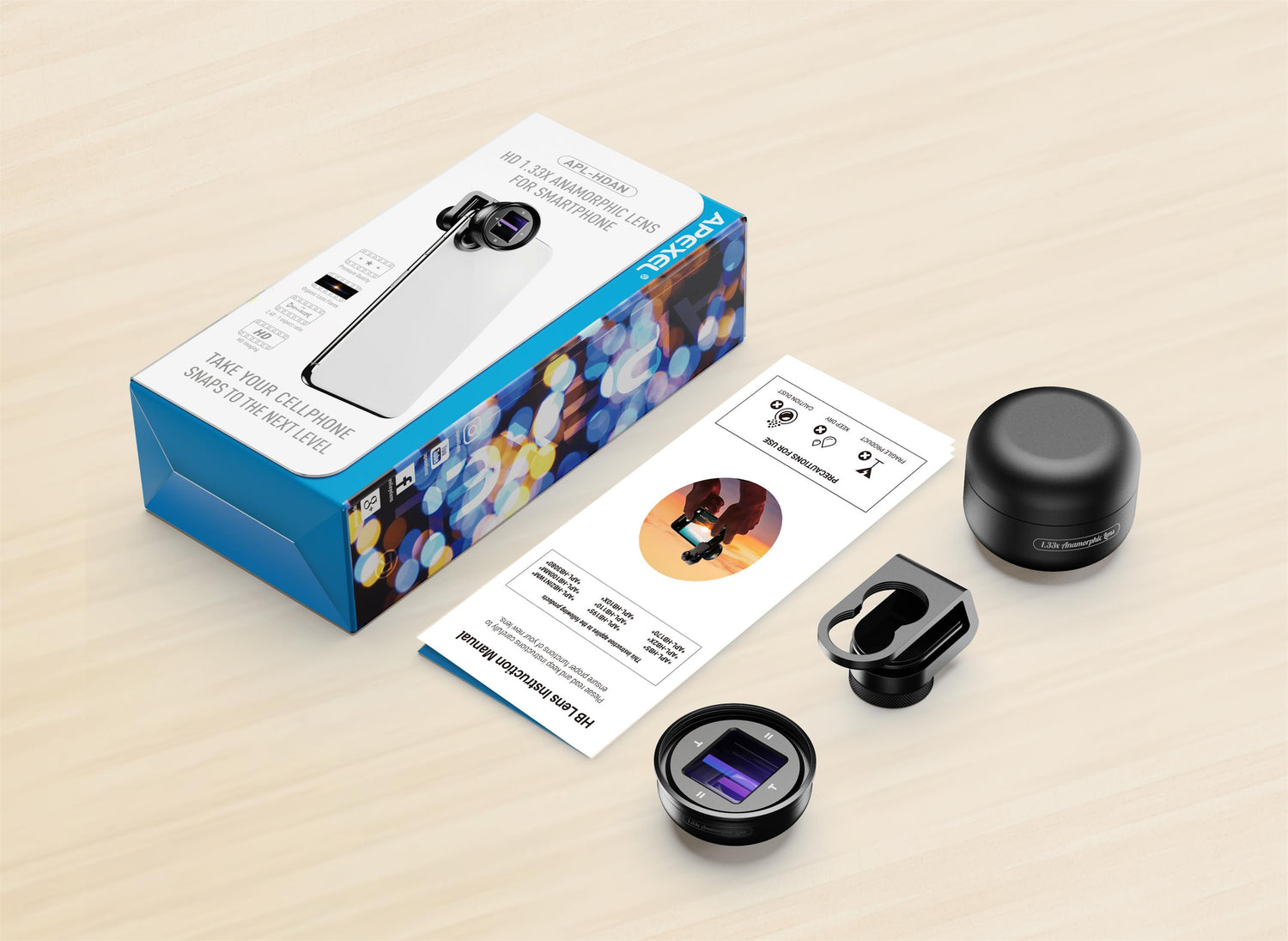 Mobile phone lens packaging with anamorphic and Apexel lens, camera lens and lens box.