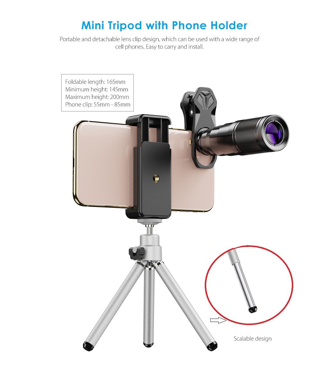 New Top Seller 2020 APEXEL Mobile Camera Lens Universal Clip 22X Optical Zoom Telescope Lens Kit 4in1 With Tripod APEXEL 