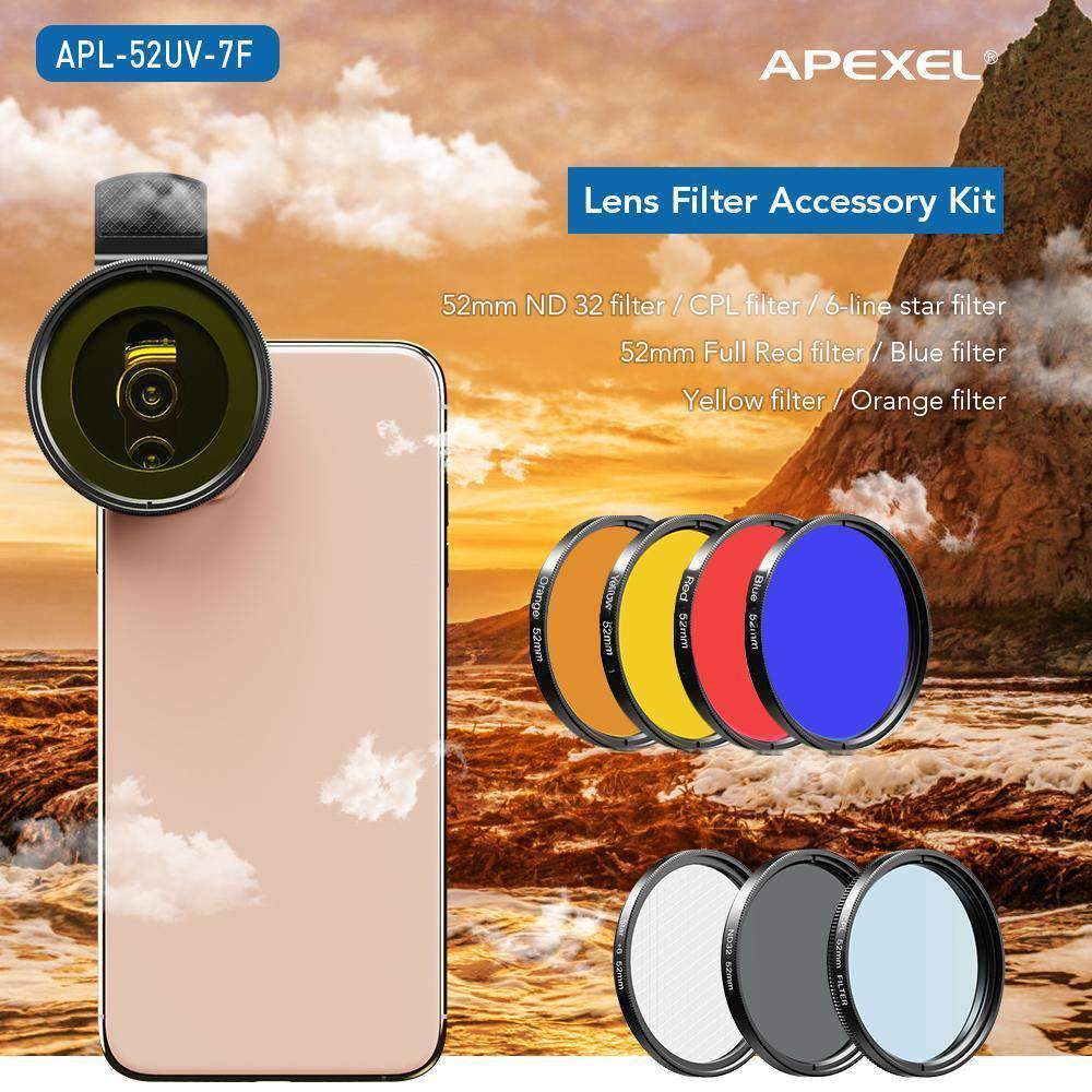 Phone Lens Kits 0.45X Wide Angle Macro 37/52mm CPL ND32 Full Color Filter Mobile Photography Accessories APEXEL 52mm Filter Lens Kit 